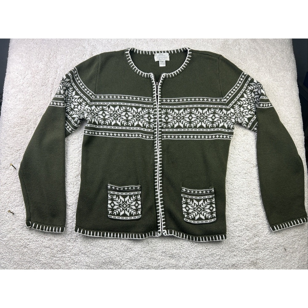 Christopher‎ & Banks Ladies Olive Green Sweater Set Cardigan Snowflakes Size M